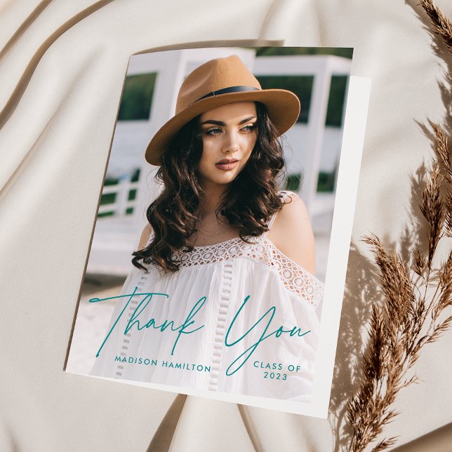 Modern Graduate Teal Script Photo Graduation Thank You Card (Creator Uploaded)