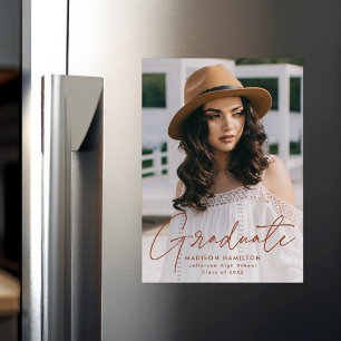 Modern Graduate Terracotta Brown Script Photo Magnetic Invitation