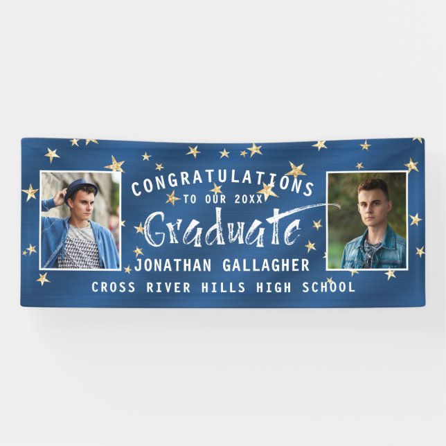 Modern Graduate Typography Photo Blue Gold Stars Banner (Horizontal)