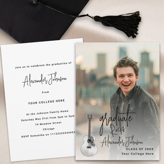 Modern Graduate Vertical Photo Graduation Party Invitation (Modern vertical photo Graduation announcement party invitation cool trendy script and guitar)