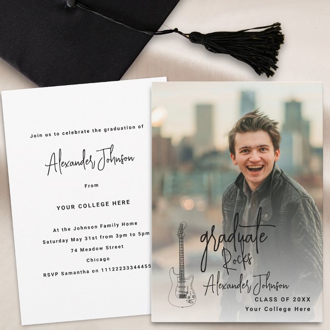 Modern Graduate Vertical Photo Graduation Party Invitation (Modern trendy vertical photo rock music Graduation party invitation)
