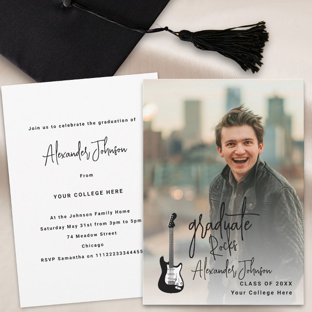 Modern Graduate Vertical Photo Graduation Party Invitation (Modern vertical photo rock guitar music trendy graduation party invitation)