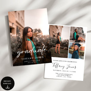 Modern Graduate White Script 4 Photos Graduation   Invitation
