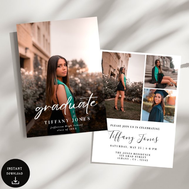 Modern Graduate White Script 4 Photos Graduation   Invitation (Creator Uploaded)
