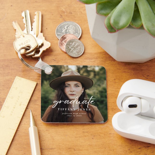 Modern Graduate White Script 4 Photos Graduation   Key Ring (Desk)