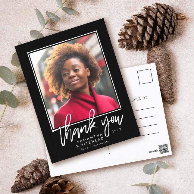 Modern Graduation 2022 Photo Black Thank You Postcard (Graduation thank you with chalk hand lettering modern minimalistic photo postcard.)
