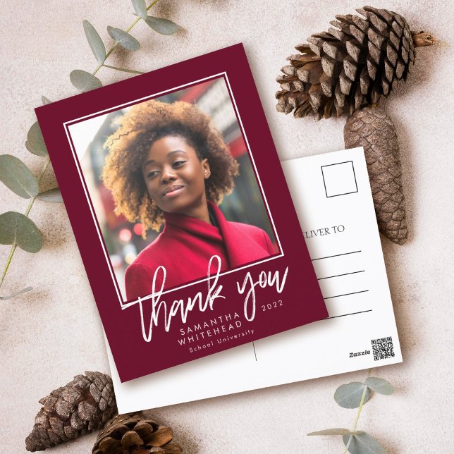 Modern Graduation 2022 Photo Burgundy Thank You Postcard (Modern postcard chalk style script with photo perfect for a graduate to thank everyone.)