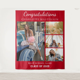 Modern Graduation 2025 Photo Collage Red Backdrop Tapestry