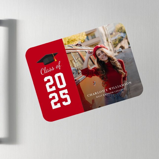 Modern Graduation 2025 Red White Grad Photo Magnet (Graduation 2025 Photo Party Red White Announcement Magnet)