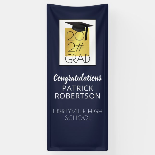 Modern Graduation 20XX GRAD Navy Blue Gold Door Banner (Vertical)