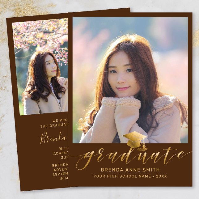 Modern Graduation 2 Photo Gold Script Cap Brown Announcement (Modern Two Photo Gold Script on Brown Graduation Announcement)