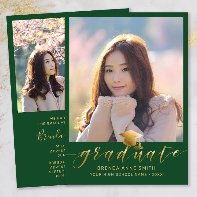 Modern Graduation 2 Photo Gold Script Cap Green Announcement (Modern Two Photo Gold Script on Green Graduation Announcement)