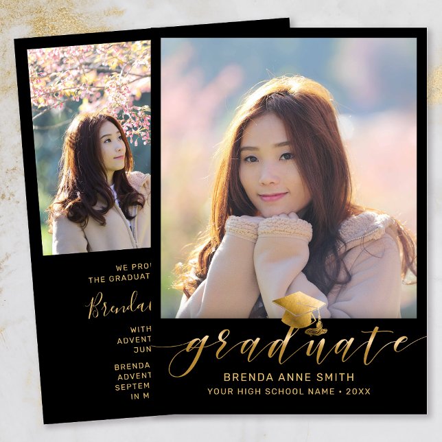 Modern Graduation 2 Photo Gold Script Cap on Black Announcement (Modern Two Photo Gold Script on Black Graduation Announcement)