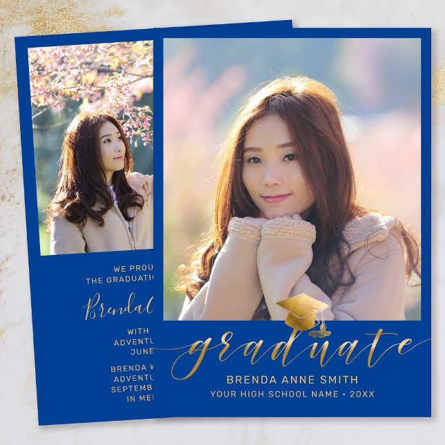 Modern Graduation 2 Photo Gold Script Cap on Blue Announcement (Modern Two Photo Gold Script on Royal Blue Graduation Announcement)