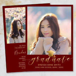 Modern Graduation 2 Photo Gold Script Cap on Red Announcement