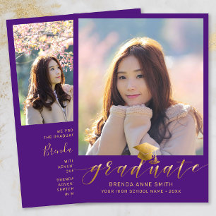 Modern Graduation 2 Photo Gold Script Cap Purple Announcement