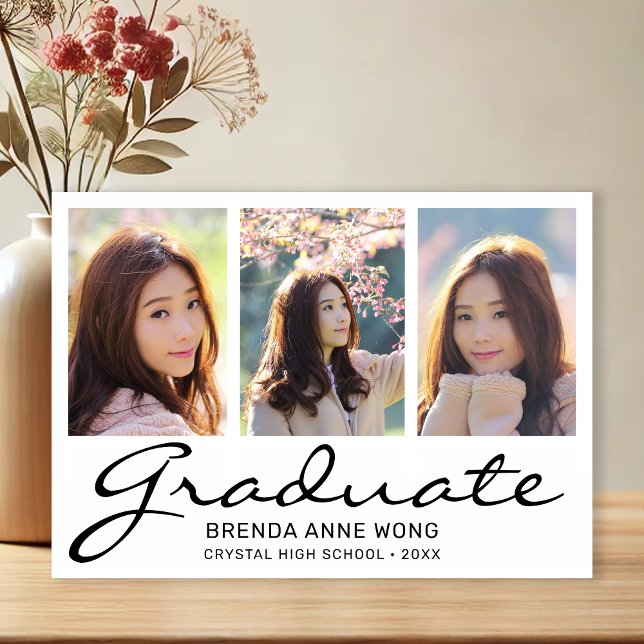 Modern Graduation 3 Photo Collage Black Script Announcement Postcard (Modern 3 Photo White with Black Script Graduation Announcement)