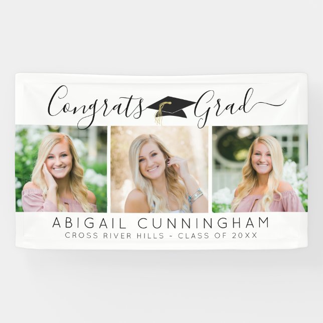 Modern Graduation 3 Photos Script White Black Banner (Horizontal)