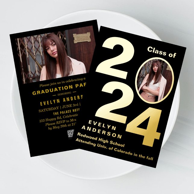 Modern Graduation Announcement & Party Invitation (Chic, modern & customizable gold foil graduation announcement and party invitation card. Order now!)