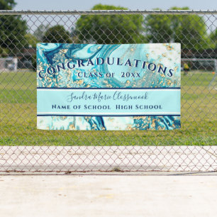 Modern Graduation Blue Marble Swirl Gold Glitter Banner