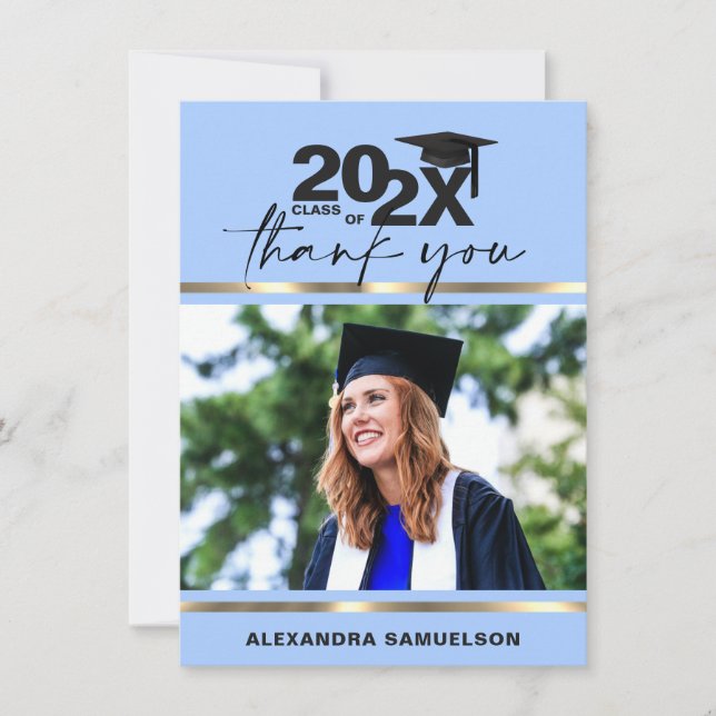 Modern Graduation Cap Year Gold Light Blue | PHOTO Thank You Card (Front)