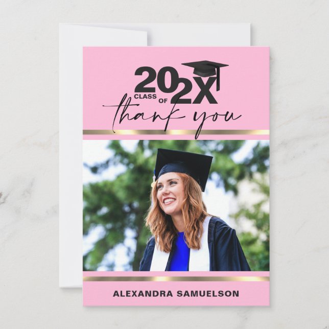 Modern Graduation Cap Year Gold Pink Rose | PHOTO Thank You Card (Front)