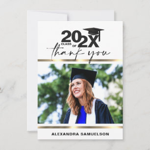 Modern Graduation Cap Year Gold White   PHOTO Thank You Card