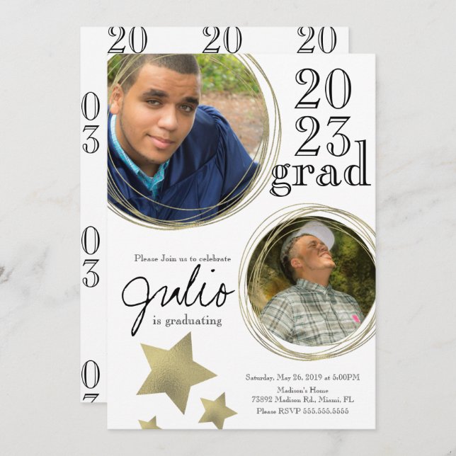 Modern Graduation Celebration  Gold Photo White Invitation (Front/Back)