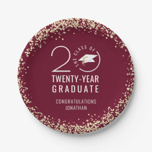Modern Graduation Class Year Maroon Gold Confetti Paper Plate