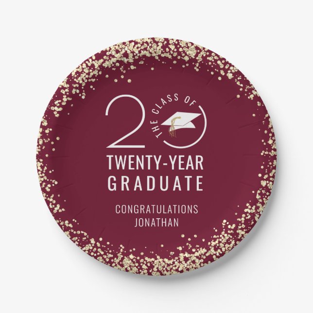 Modern Graduation Class Year Maroon Gold Confetti Paper Plate (Front)
