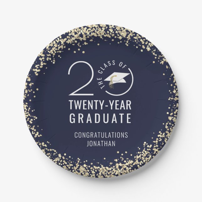 Modern Graduation Class Year Navy Blue Gold Paper Plate (Front)