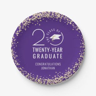 Modern Graduation Class Year Purple Gold Confetti  Paper Plate