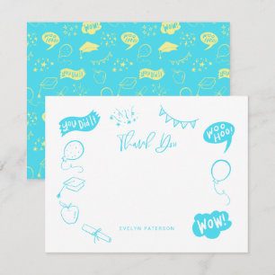 Modern Graduation Doodle Blue Lime Thank You Card