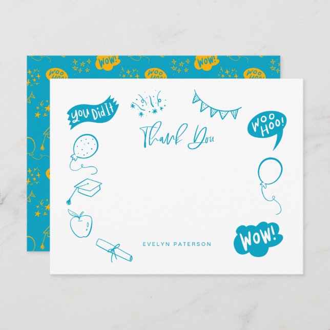 Modern Graduation Doodle Blue Yellow Thank You Card (Front/Back)