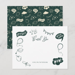 Modern Graduation Doodle Green Thank You Card