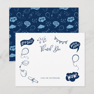 Modern Graduation Doodle Navy Blue Thank You Card