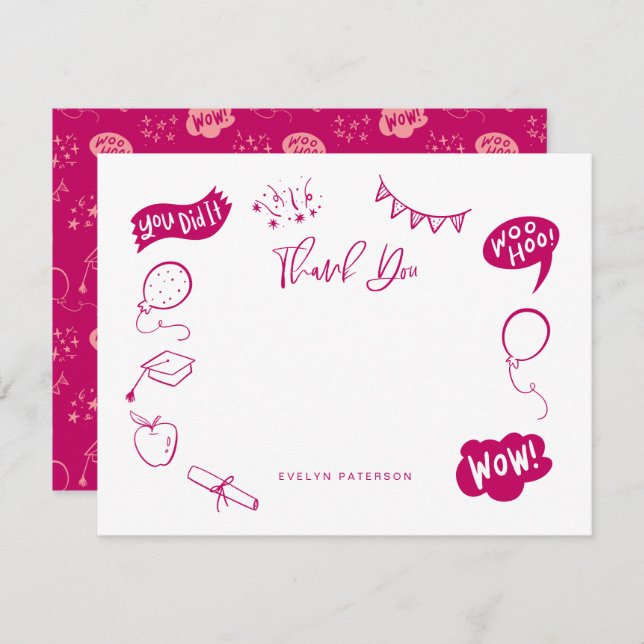 Modern Graduation Doodle Pink Thank You Card (Front/Back)