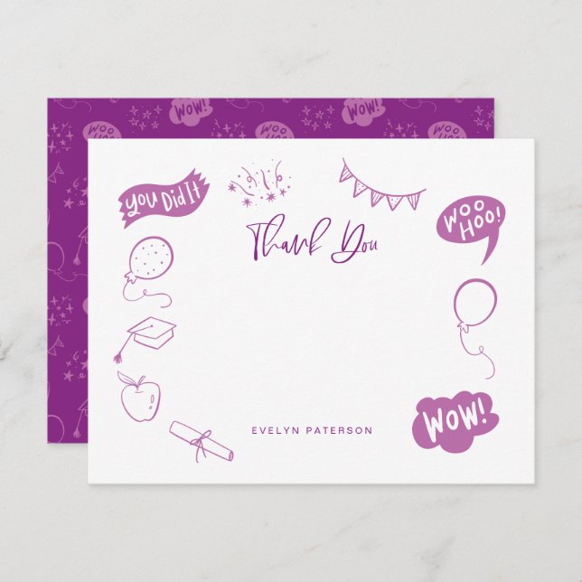 Modern Graduation Doodle Purple Thank You Card (Front/Back)