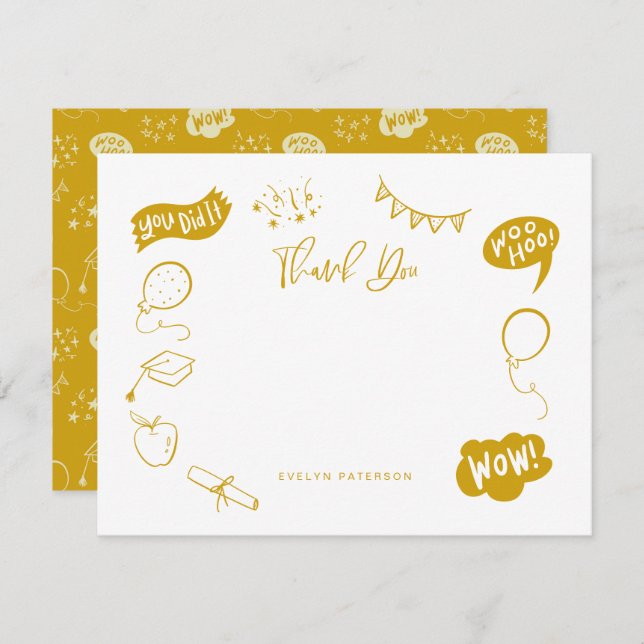 Modern Graduation Doodle Yellow Thank You Card (Front/Back)