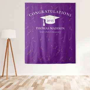 Modern Graduation Faux Gold Confetti Purple/White Tapestry