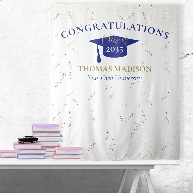 Modern Graduation Faux Streamers Blue Backdrop Tapestry (Creator Uploaded)