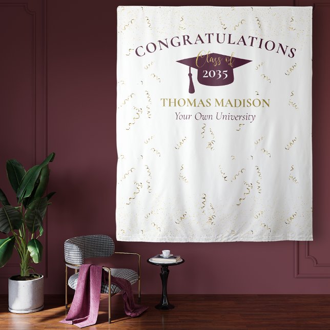 Modern Graduation Faux Streamers Maroon Backdrop Tapestry (Creator Uploaded)