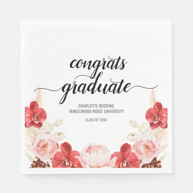 Modern Graduation Floral Script Type Party  Paper Napkin (Front)