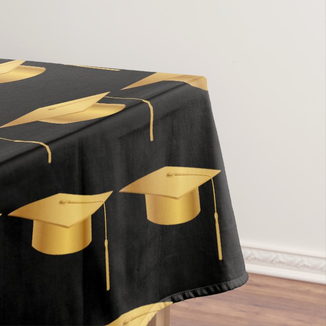 Modern Graduation Gold Cap Tassel Black Tablecloth (In Situ)