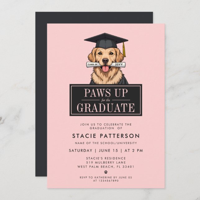 Modern Graduation Golden Retriever with Grad Hat Invitation (Front/Back)