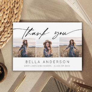 Modern Graduation Handwritten Script 3 Photo Thank You Card