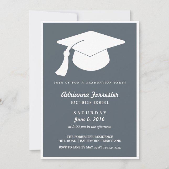 Modern Graduation Hat Blue Graduation Party Invitation (Front)