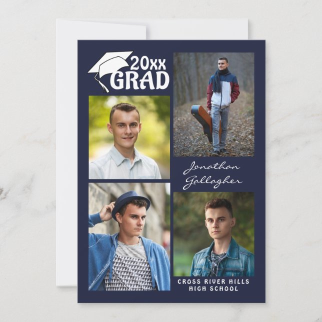 Modern Graduation Navy Blue 5 Photo GRAD Announcement (Front)