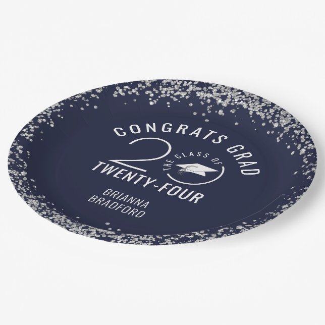 Modern Graduation Navy Blue Faux Silver Glitter Paper Plate (Angled)