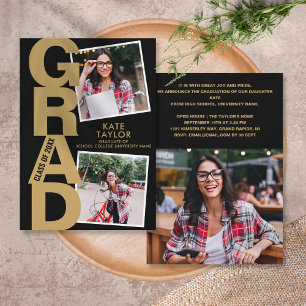 Modern Graduation Party 3 Photo Black And Gold Invitation